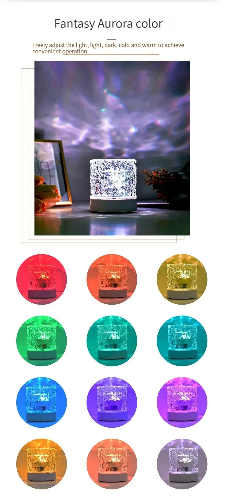 LED Water Ripple Light Ambient Night Light Rotating Projection Crystal Table Lamp RGB Dimmable Home Decoration 3/16 Color Gifts