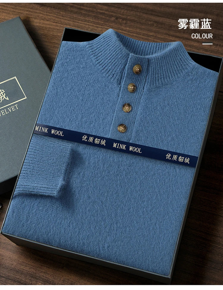 Men's Thicken 100%Pure Mink Cashmere Sweater Youth Button Semi-High Neck Loose Knit Pullovers Autumn and Winter Warm Base Shirt