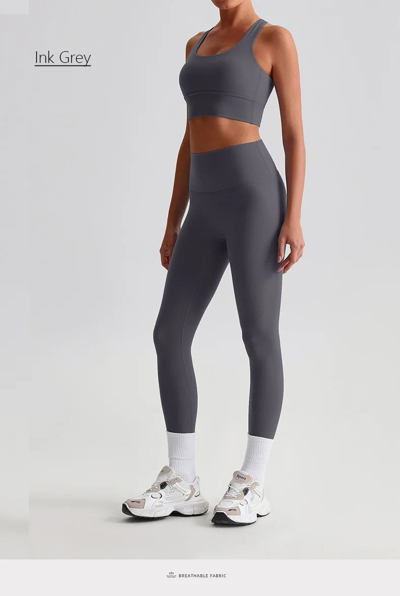 Naked Feel Yoga Set Women Fitness Sportswear 2 Piece Strappy Sports Bra High Waist Gym Leggings Workout Outfit Active Wear