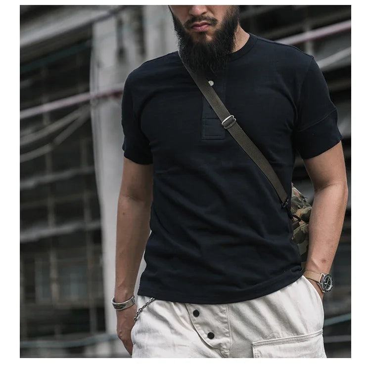 Bronson Vintage Short Sleeve Henley T-Shirt Retro Style Mens Cotton Tee Shirt