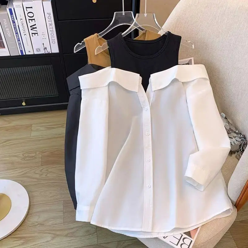 False Two Piece Polo Collar Blouse Women Shirt Loose Tank Patchwork Long Sleeve Shirts Off The Shoulder Spring Pullovers Top New