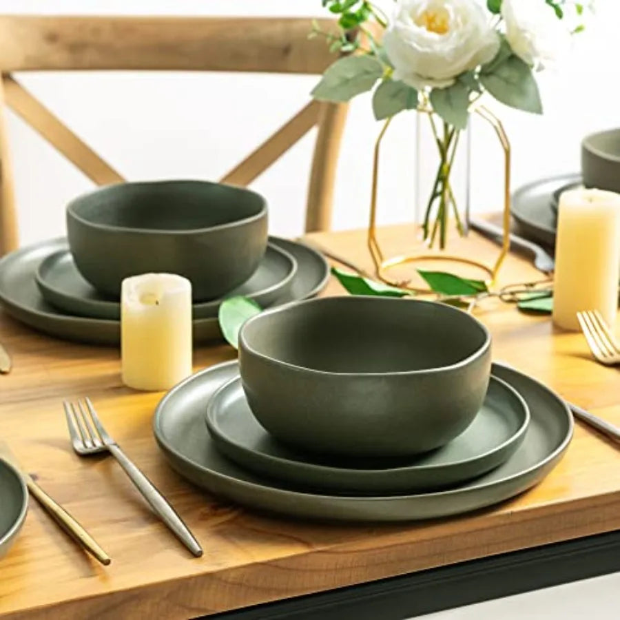 Ceramic Dinnerware Sets, Wavy Rim Stoneware Plates and Bowls Sets, Dishwasher and Microwave and Oven Safe Dishes set, pc