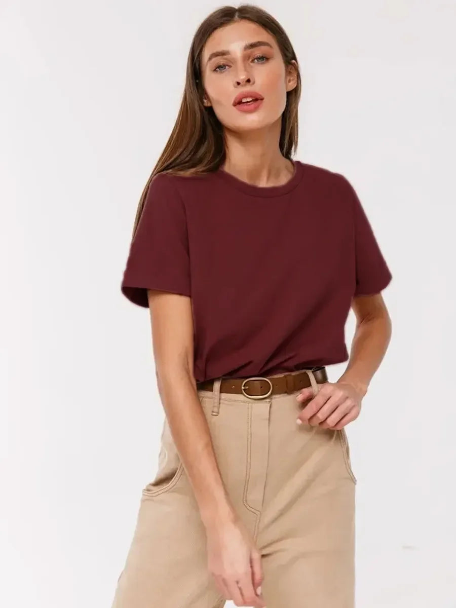 Summer 100% Cotton Women's T-shirt Bottoming Basic Fashionable Lady Short Sleeve Loose Tops Shirts Solid 200g/㎡ Tops