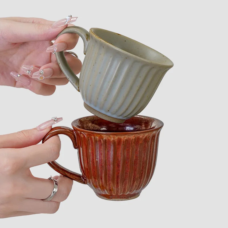 A Set of Cups and Plates Coffee Cup Retro Style Ceramic Striped Office Afternoon Tea Coarse Pottery Drinking Water Milk Cup