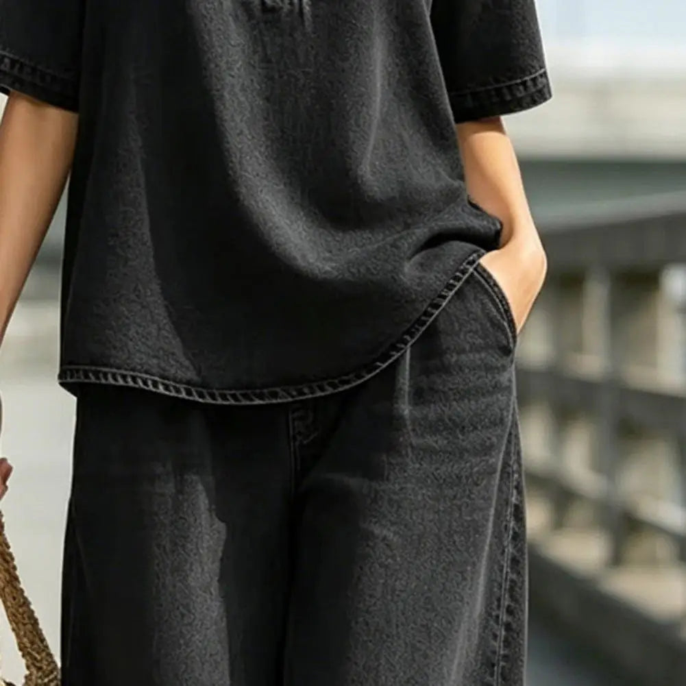 Women's Summer Denim 2 Piece Set Short Sleeve Lapel V Neck Top Wide Leg Pants Casual Vacation Tracksuit Outfits