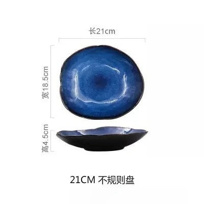 Nordic Style Blue Kiln Turned Ceramic Food Plate Steak Pasta Western Cuisine Plate Kitchen Utensils Dining Table Decoration