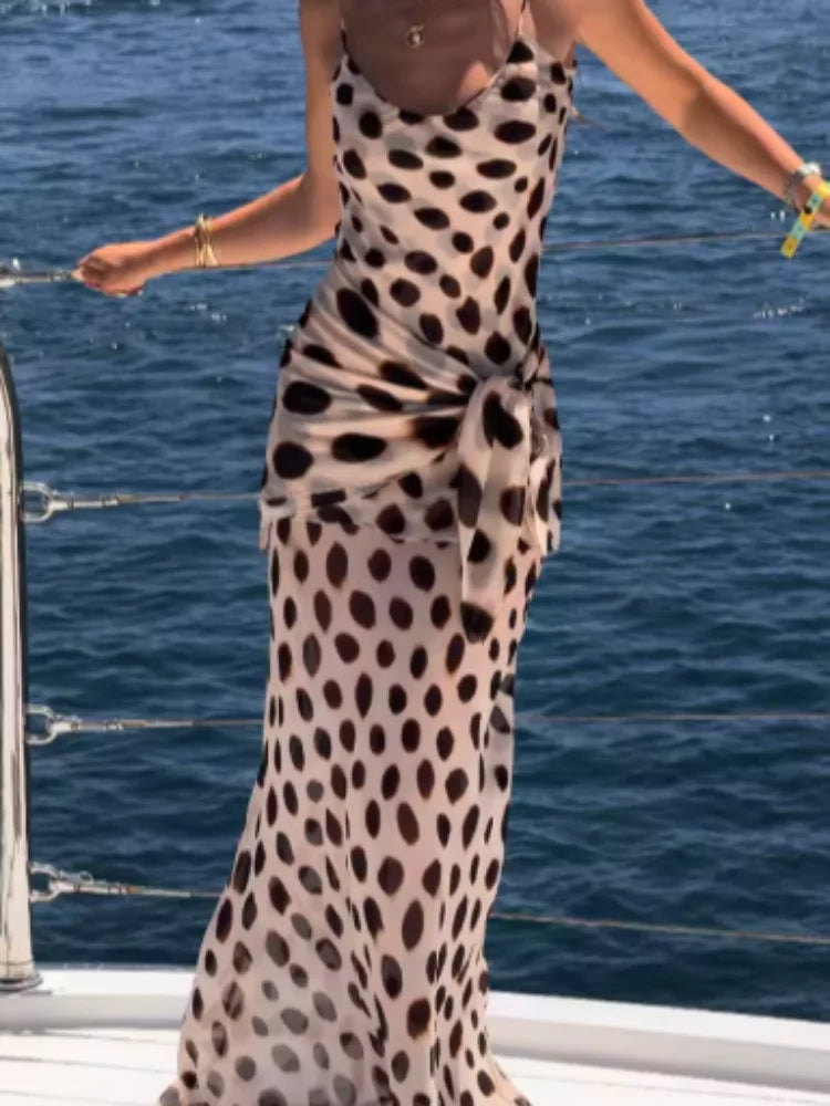 Vintage Print Maxi Dress Square Neck Spaghetti Strap Sleeveless Off Shoulder Detachable Wrap Tie Sash Dresses 2026 Chic Outfits