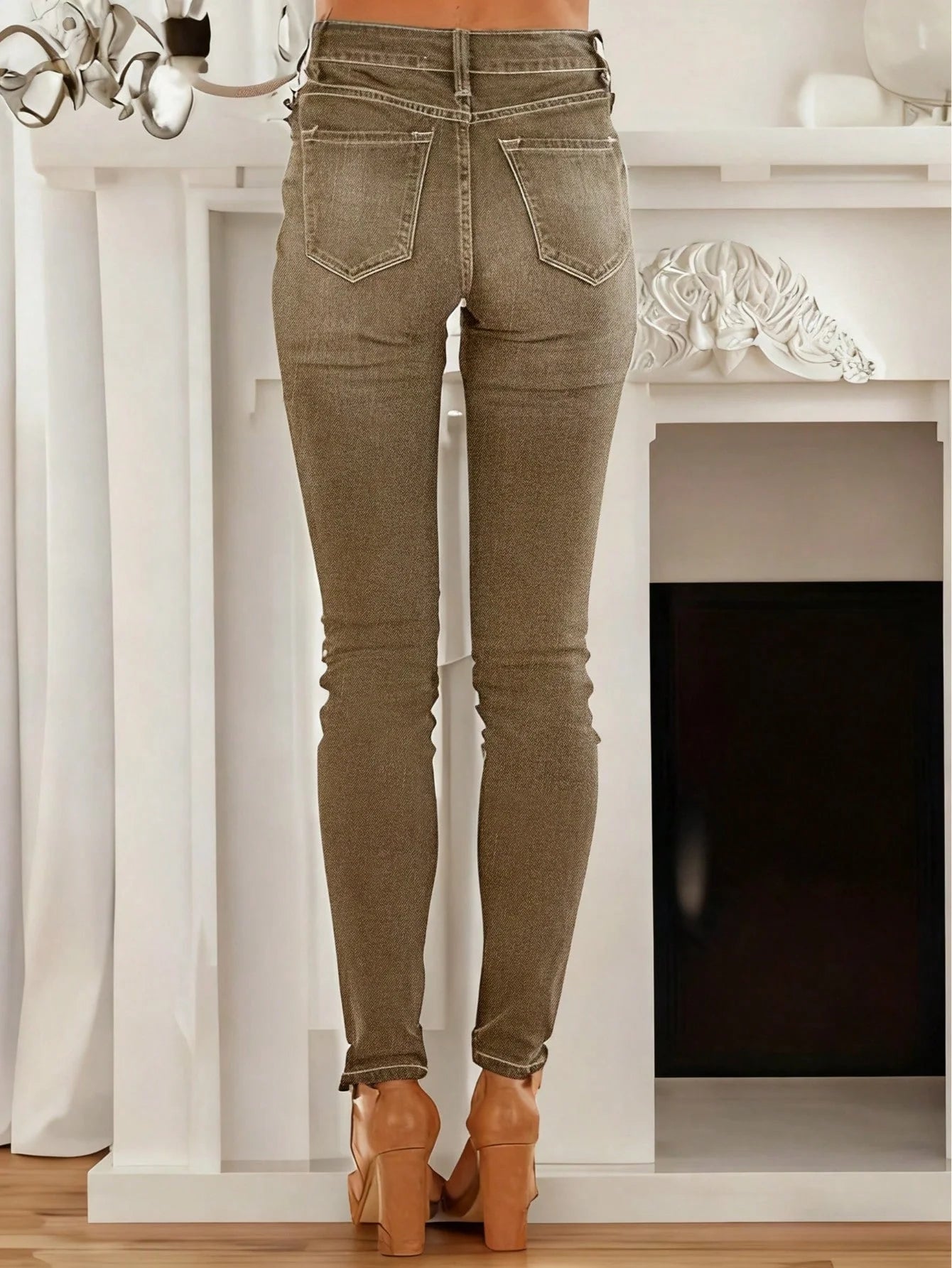 Women's Fashionable Elegant Casual Versatile Washed Cat's Whisker Pattern Skinny Fit Denim Jeans for Daily Wear