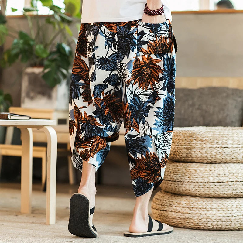 Men's Casual Cotton Linen Seven-Foot Pants Summer plus Size Lantern Loose Fit Shorts Harlan Style Comfortable Breathable Leis...