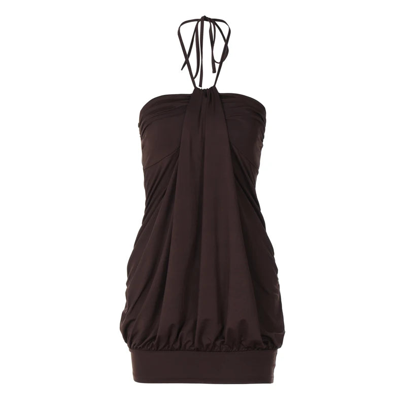 Hugcitar Halter Sleeveless Backless Ruched Sexy Bodycon Mini Prom Dress 2025 Spring Women Y2K Clothes Birthday Party Festival