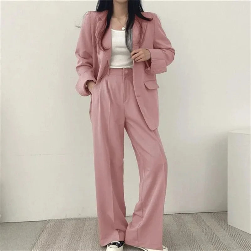 2026 Female Solid Color Blazer 2PCS Autumn Women Lapel Tops High Waist Outfit Korean Ladies Long Sleeves Suit Wide Leg Pants