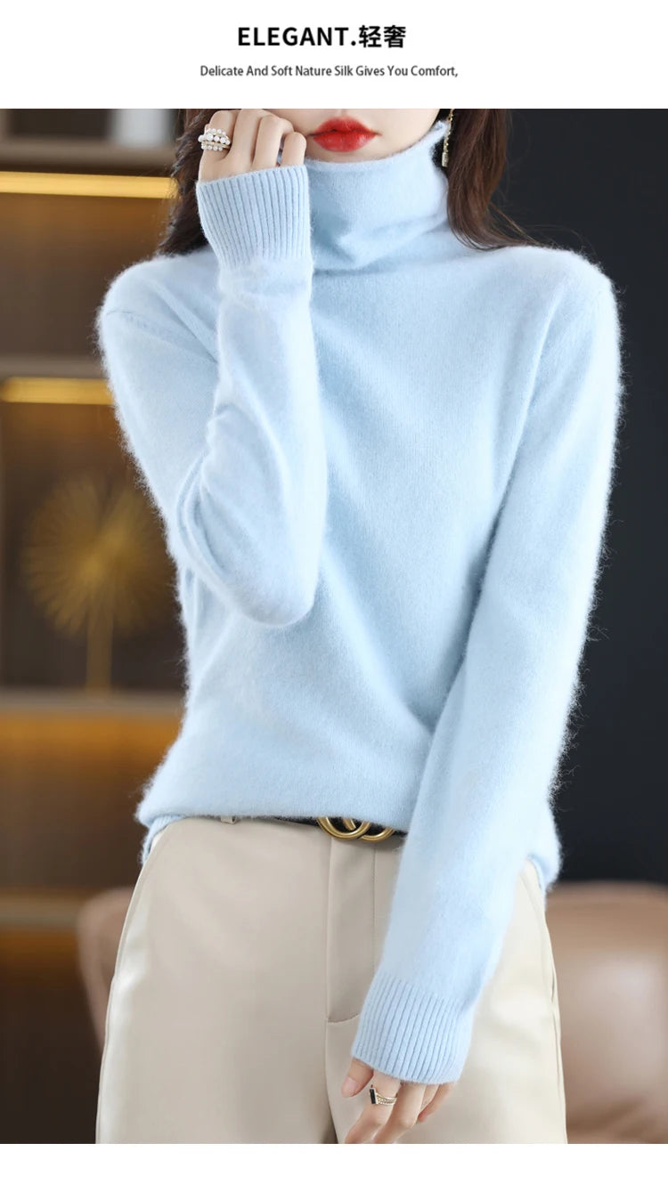 Women's Pile Collar 100% Mink Cashmere Sweater Winter High Collar Knitted Pullover Casual Short Thick Tops Loose Warm Base Shirt
