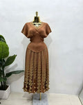 2026 Spring and Summer Retro High Waist and Thin Bronzing Suit  V-neck Bat Sleeve Versatile T-shirt Skirt Two-piece Suit Women