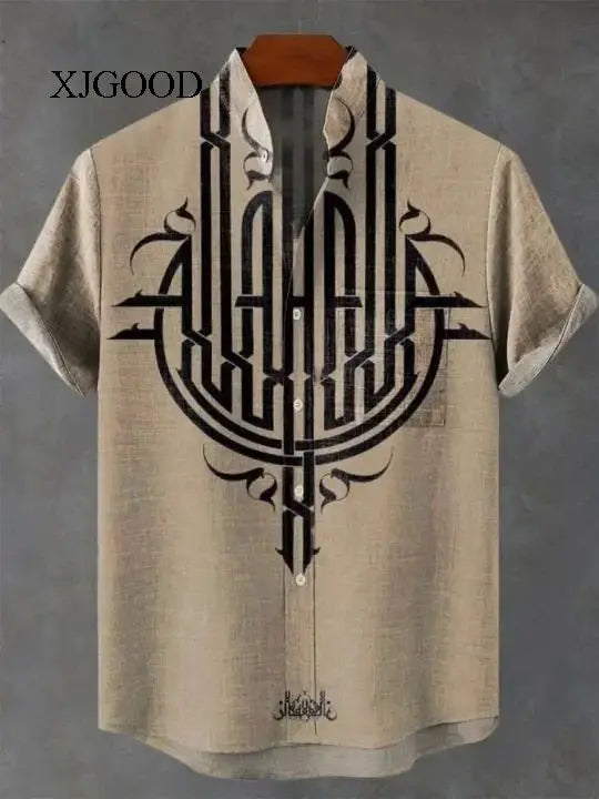 Men's Short Sleeve Printed Shirt Fashion Urban Style Polyester Fabric Loose Fit Casual Wear Turn-down Collar Classic Design