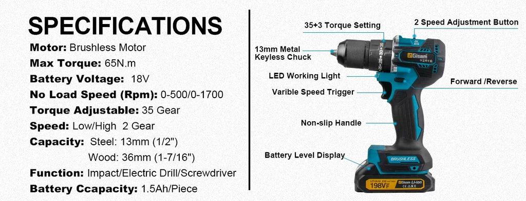 Gisam 13mm 35+3 Torque Brushless Electric Impact Drill Cordless Drill Electric Screwdriver Power Tool For Makita 18V Battery Pin