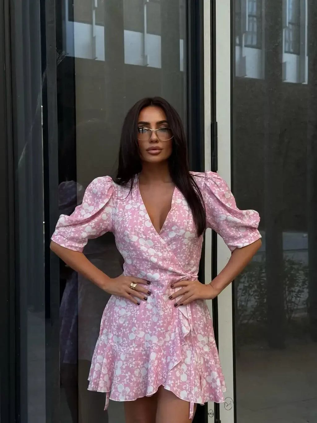 Elegant Printed Lace Up Dress Women V-neck Puff Short Sleeve Waist-cinching Mini Dresses Lady Daily Street Gowns 2026 Summer