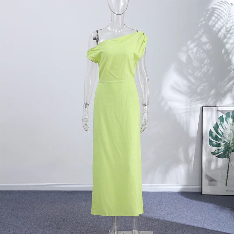 Party Dress Women's Lime One-Shoulder Dress Asymmetric Neckline Draped Waist Elegant Maxi Club Wear Woman Clothes Summer Outfit