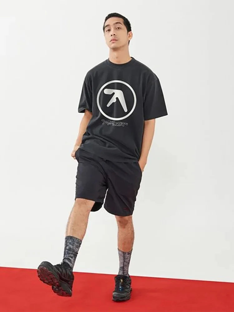 Men T-Shirt Aphex Twin Washed Black Print Short Sleeve Tops Cotton Graphic Oversized Korean Fashion Tees Y2k Streetwear Clothing