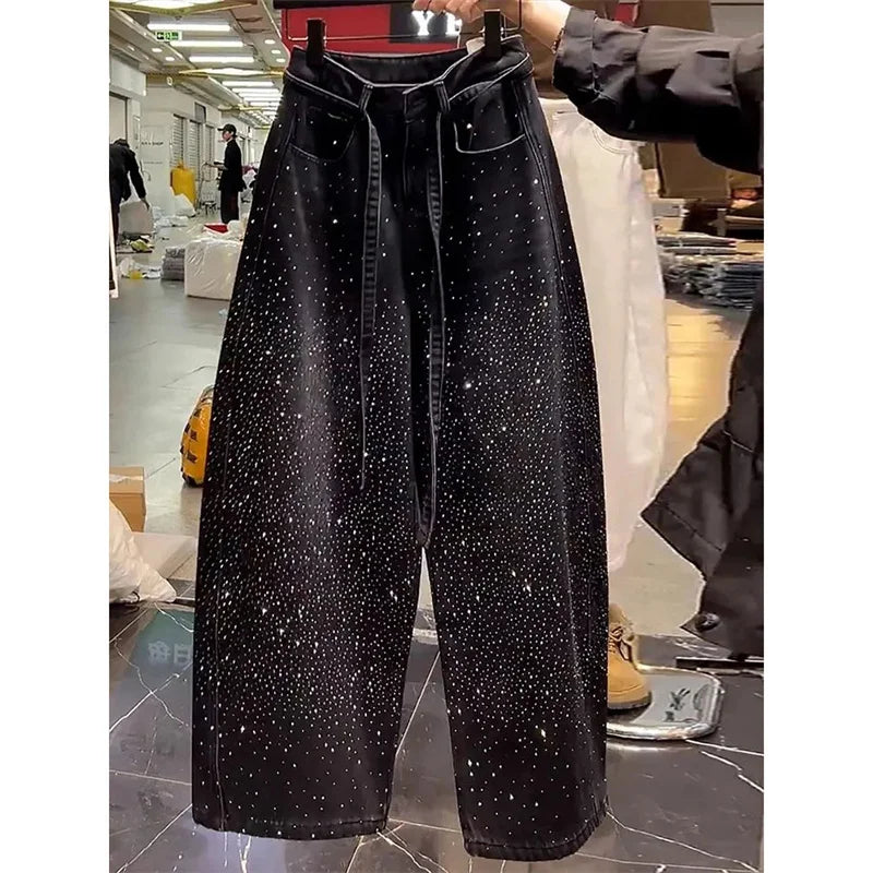 Korean Loose Women Denim Pants 2026 New Autumn Winter Retro Hot Diamond Long Cowboy Trousers Ladies Casual Streetwear Jeans