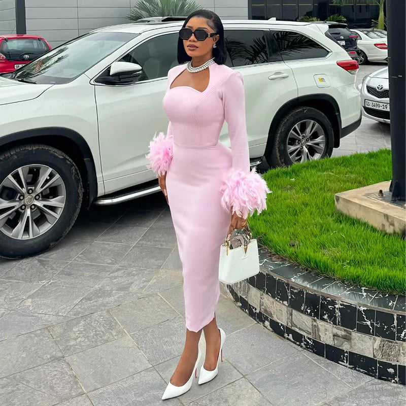 CM.YAYA Women Feather Hem Flare Long Sleeve Bodycon Mid-calf Length Dress 2024 Fall Winter Birthday Vestidos Party Even Dresses
