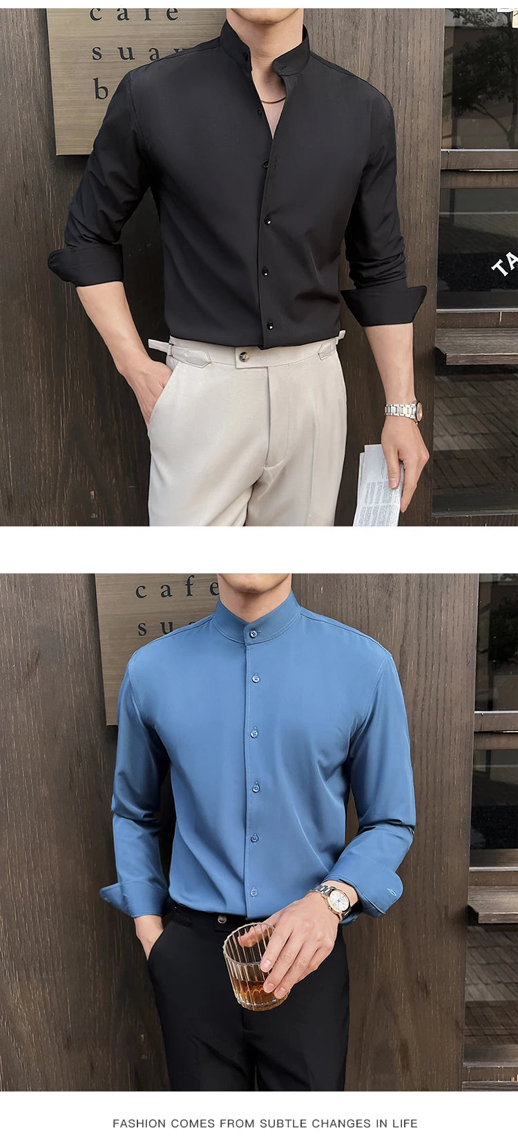 Business Dress white Shirt for Men 2026 British style Long Sleeved Solid Color Casual Elastic Slim Fit Shirt for Men's Clothing
