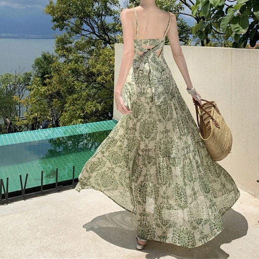 Dress Women Sling Dresses A Line Print Floral Pleated Sleeveless Backless Slim Fit Tight High Waist Long Vestidos Elegant Splice
