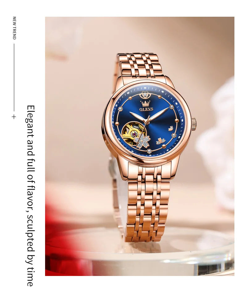 OLEVS 6732 Women's Watches Elegant Rose Gold Stainless Steel Hollowed Diamond Dial Automatic Mechancial Watch Gift Box for Women