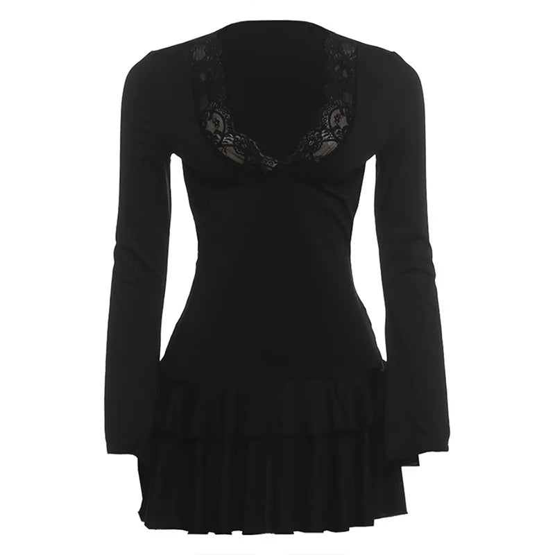 2026 Autumn. New Women's Fashion Erotogenic V-neck Lace Patchwork Stiglich Bell Sleeve Body Clothes Sexy Party Boho