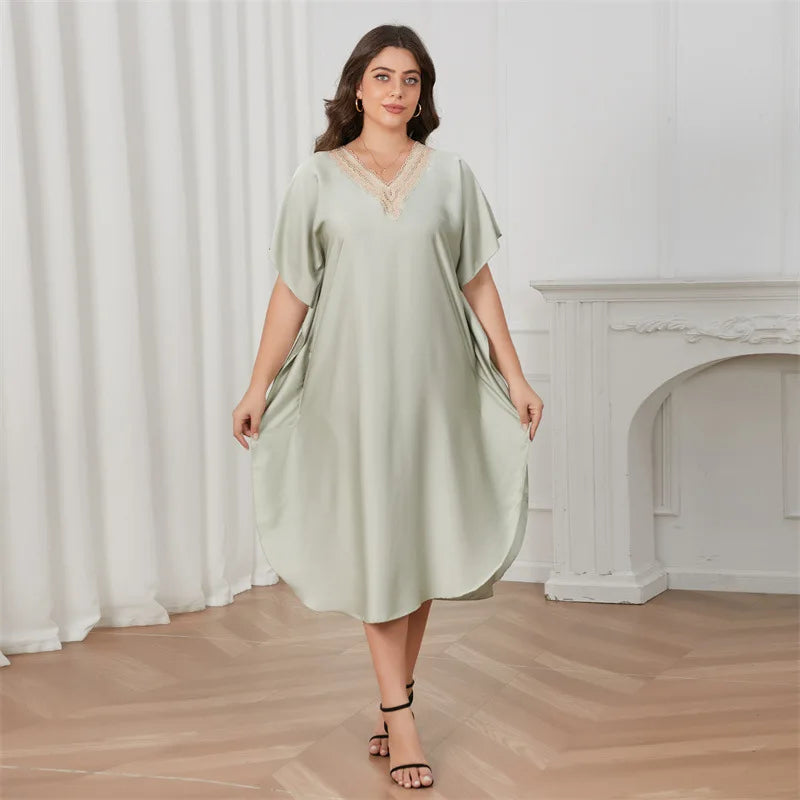 Sexy Lace V Neck Nightdress Women Night Dress Summer Short Sleeve Satin Sleepwear Loose Silky Long Nightgowns Overized