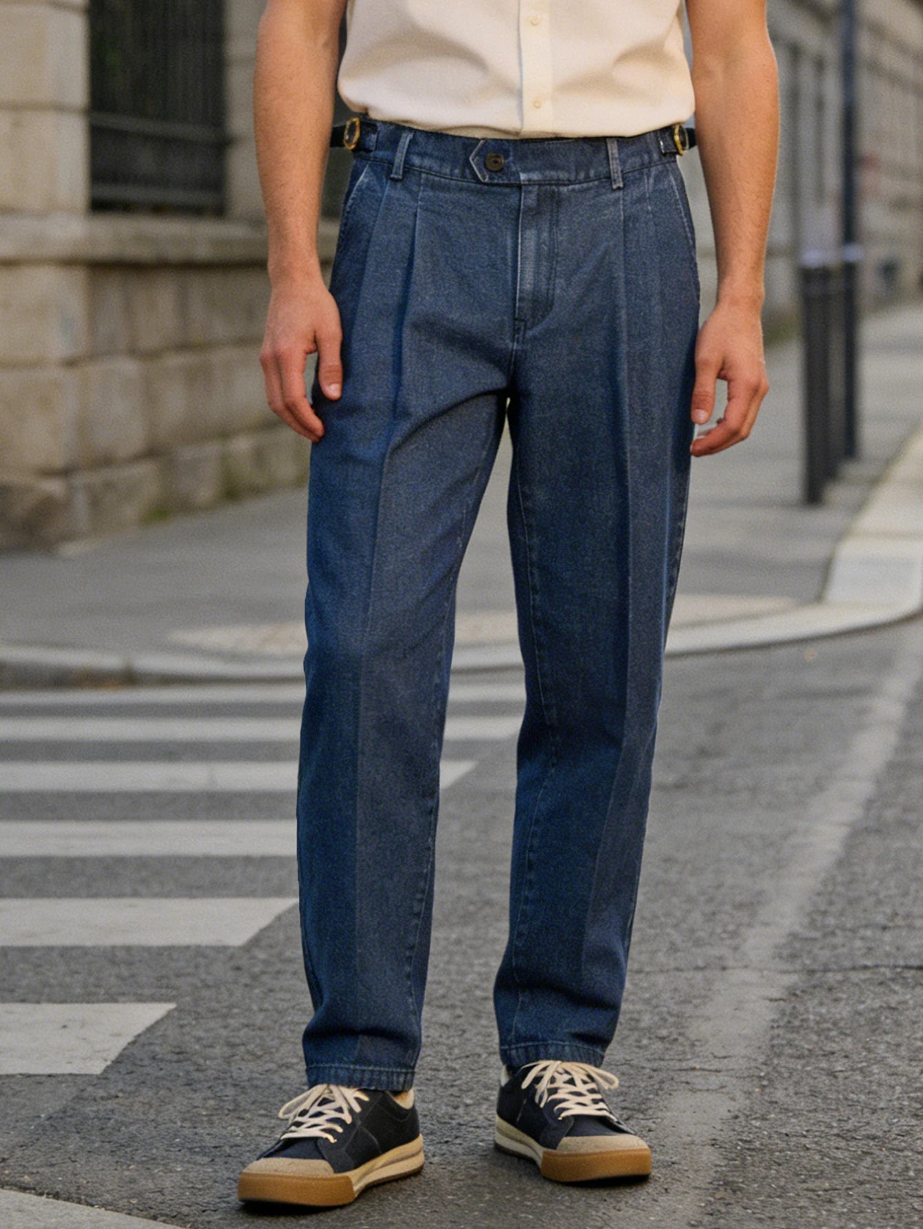 026 Spring Summer Men's Denim Look Woven Trousers, Neapolitan Double Pleat  High Waist Straight Leg Business Dress Pants