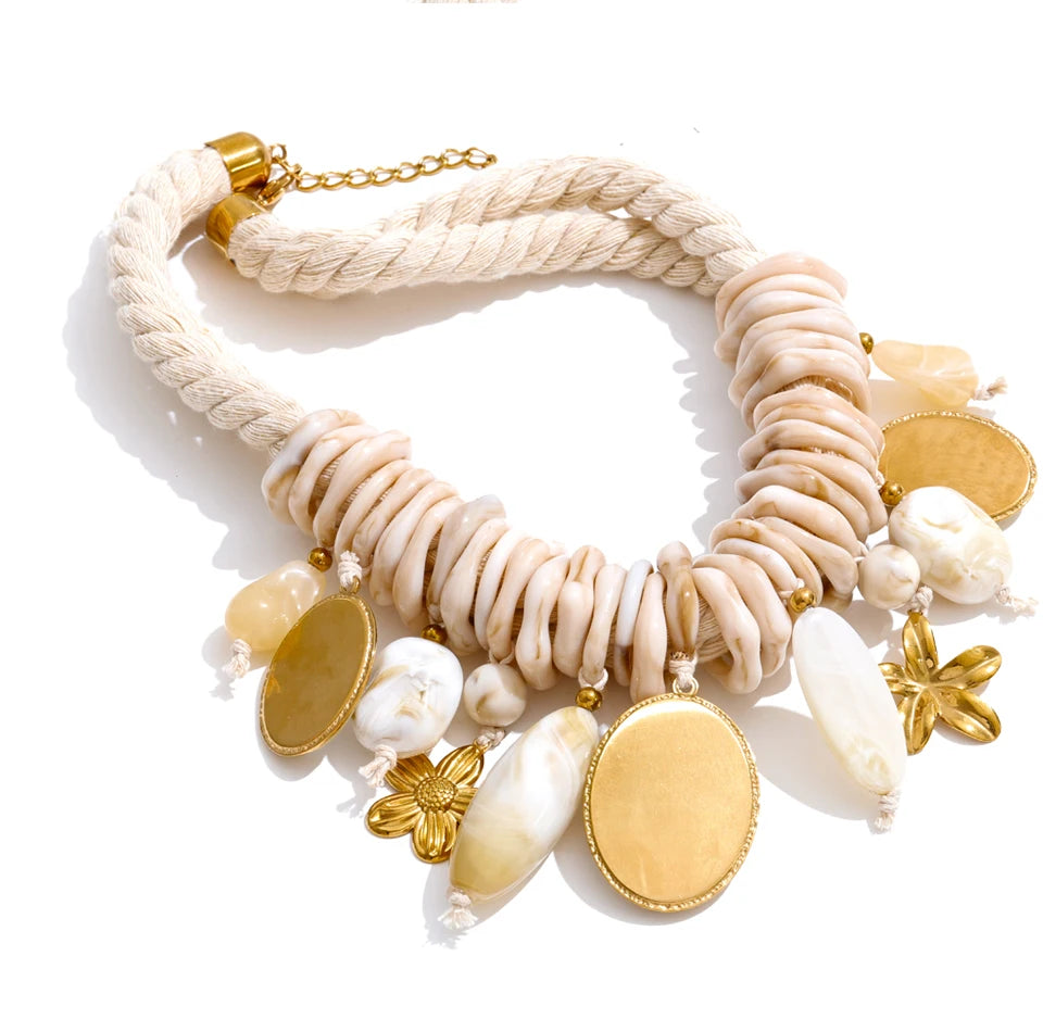 Yhpup 2026 Handmade Jewelry Rope Braided Resin Chain Portrait Flower Drop Charm Statement Necklace Exclusive Accessories