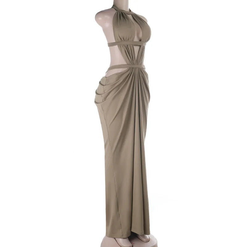 Halter Cut-Out Draped Super-Cut Back Bare Elegant Party Maxi Dress Waistless Backless Sleeveless Khaki Evening Prom Long Dress