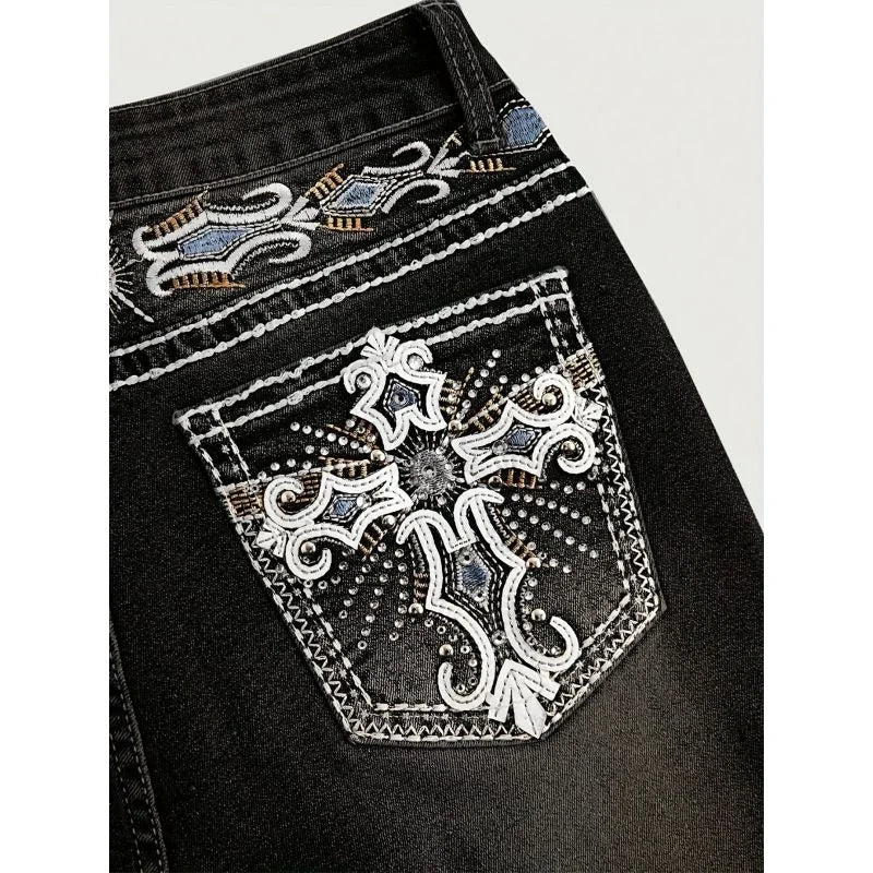 2026 New Female Chic Embroidery Rhinestone Mid-rise Jeans Girls Black Slim Fit Denim Trousers Women Retro Straight Leg Pants