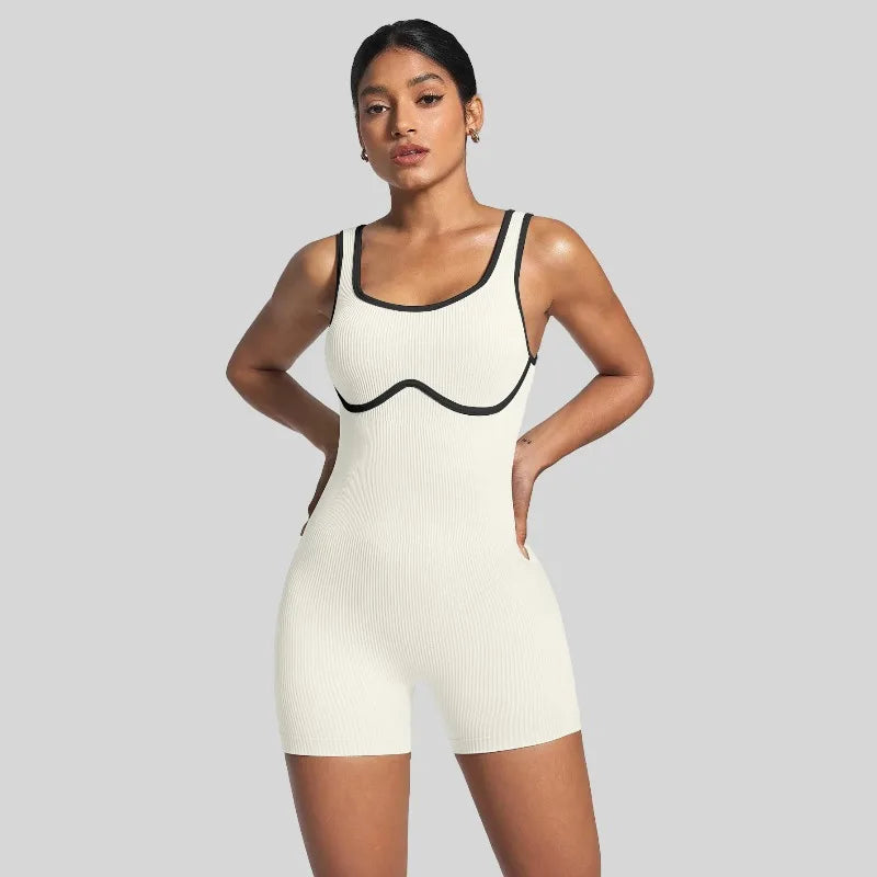 Seamless Ribbed Yoga Set for Running Dancing Fitness Color Blocked Jumpsuit