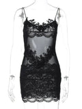 FDYOUI Spaghetti Strap See-through Mesh Dress Women Sleeveless Lace Patchwork Mini Party Dresses White Black Night Club Outfit