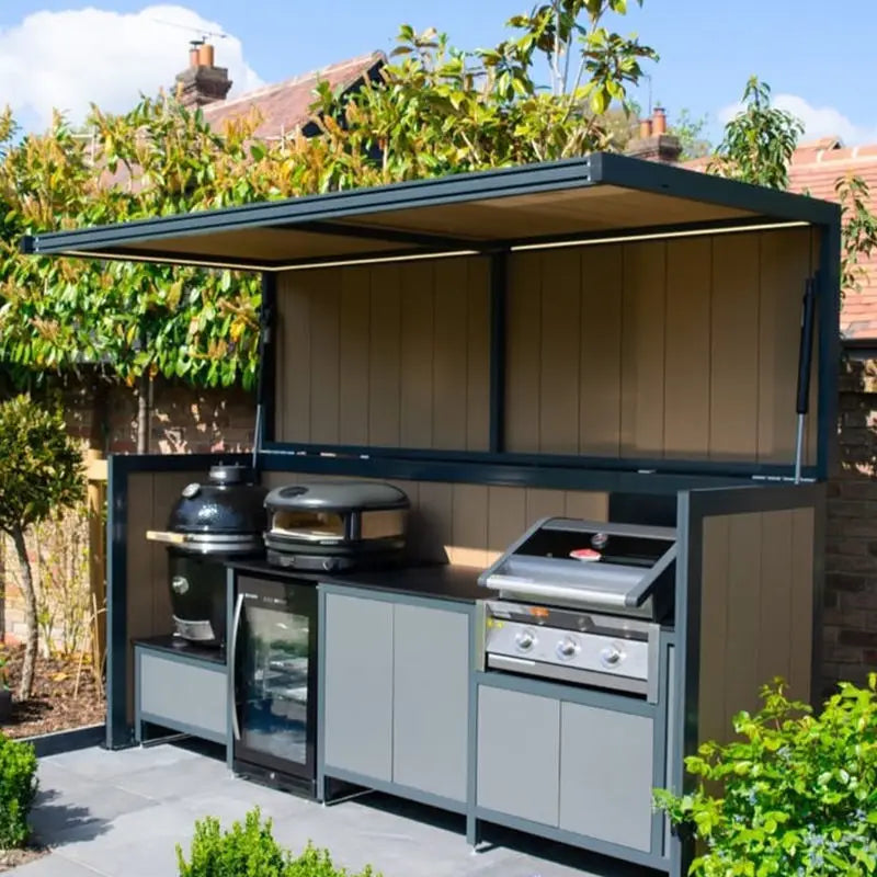 Luxury Outdoor Kitchen Island Set with Built-in Gas BBQ Grill, Pizza Oven & Storage Drawers Prefabricated Patio Cooking Station