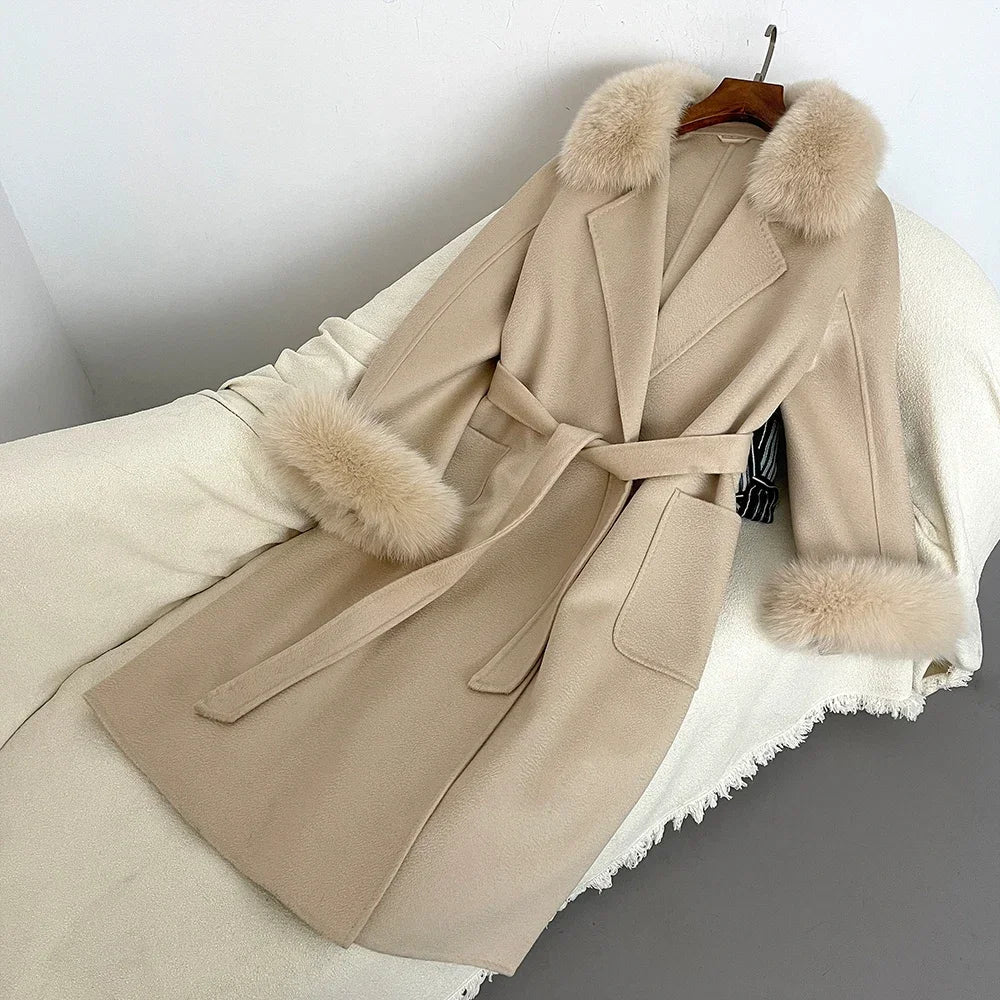 Fox Fur Coat for Women Wool Woolen Natural Real Fox Fur Collar Winter Jacket Ladies Belt Warm Outerwear Streetwear 2024