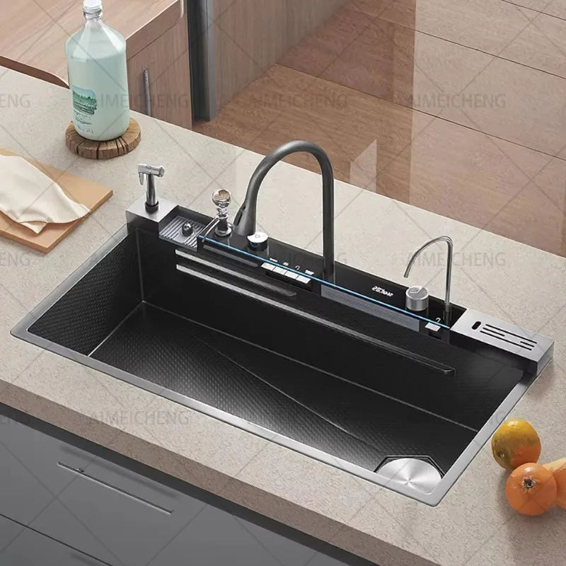 Hot Selling Stainless Steel Waterfall Kitchen Sink With Knife Holder Digital Display Faucet Set Embossed Extra Large Single Slot