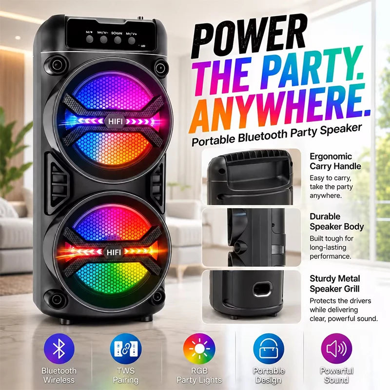 Portable Bluetooth speaker, colorful ambient lights, dual subwoofers with deep bass, supports BT/TWS/FM/USB/AUX/TF/microphone
