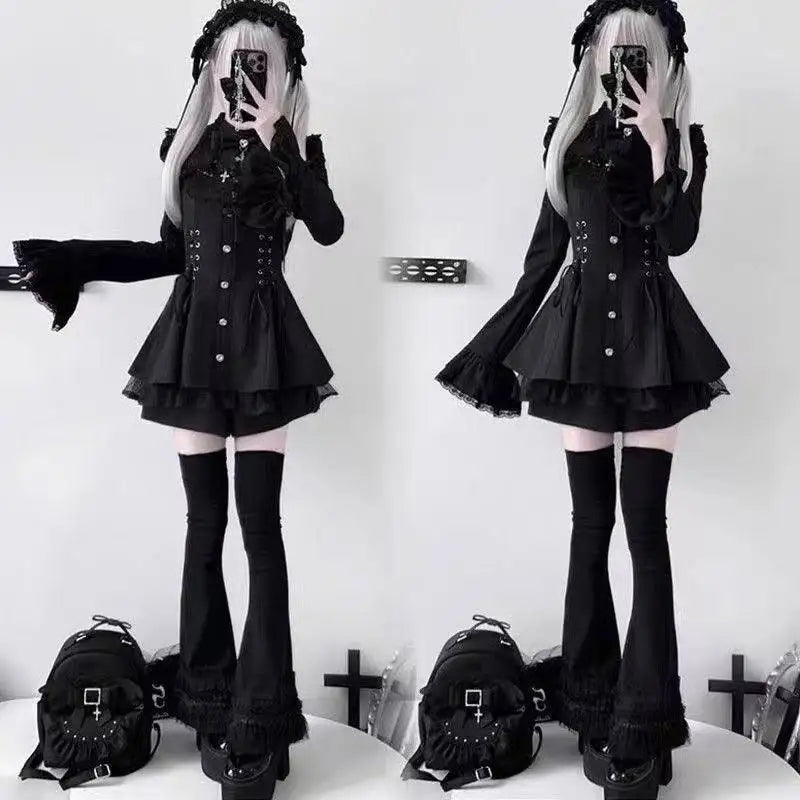 Gothic Lolita Two Piece Set with Bow, Y2K Aesthetic Flare Sleeve Mini Dress, Japanese Punk Style Party Co-ord Outfit