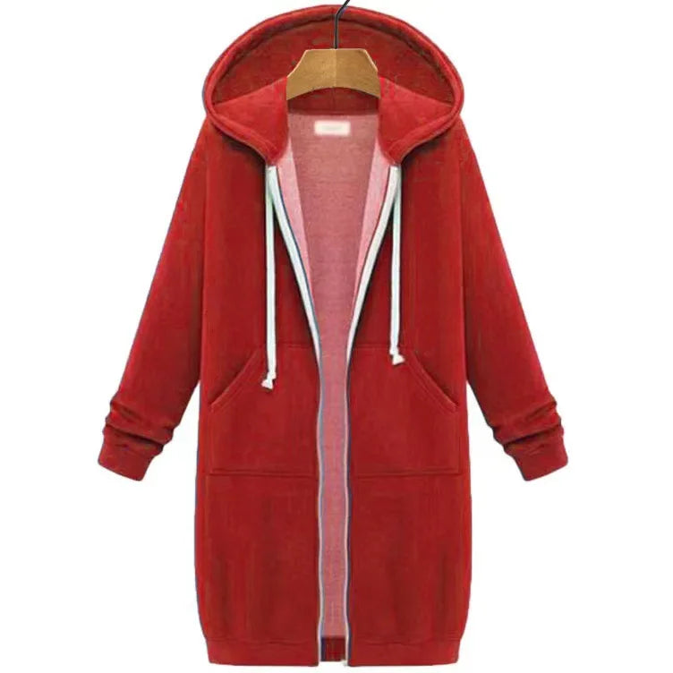 Autumn Winter Women's Hooded Long Sleeve Mid-Length Sweatshirt Fleece Jacket Comfortable Casual Style Polyester Fabric
