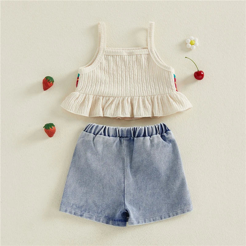 Toddler Kids Girls Clothing Set Strawberry Crochet Cami Tops and Bow Denim Skorts Jeans Outfits Set Clothes Children's Set