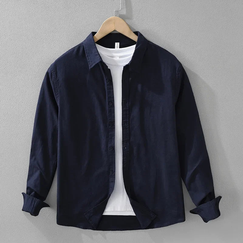 7369 Cotton Linen White Shirt for Men Good Quality Solid Color Simple Basic Long Sleeve Loose Casual Lapel Blouse Breathable Top