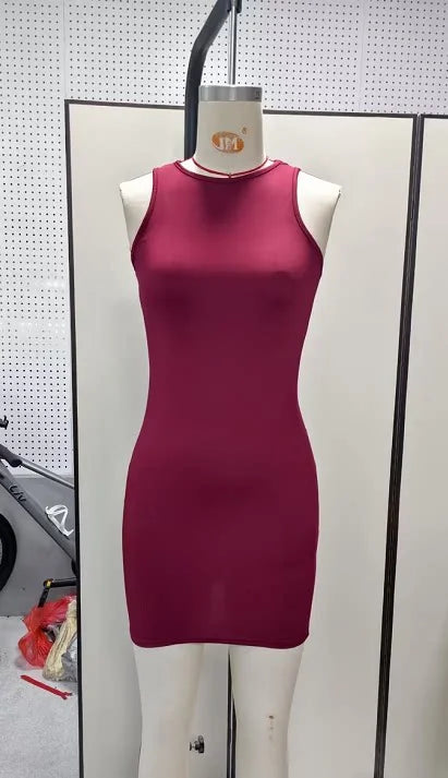 2026 New Women's Casual Bodycon Mini Dress Solid-colour Sleeveless Crew-neck Slip Dress, Party, Date or Dinner Short Skirt
