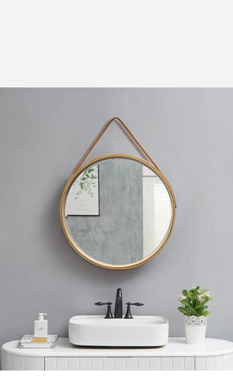 Perforation-free Vanity Mirror Wall-mounted Round Thickened Wooden Border Dressing Mirror Bathroom Mirror Makeup Mirror 전신거울