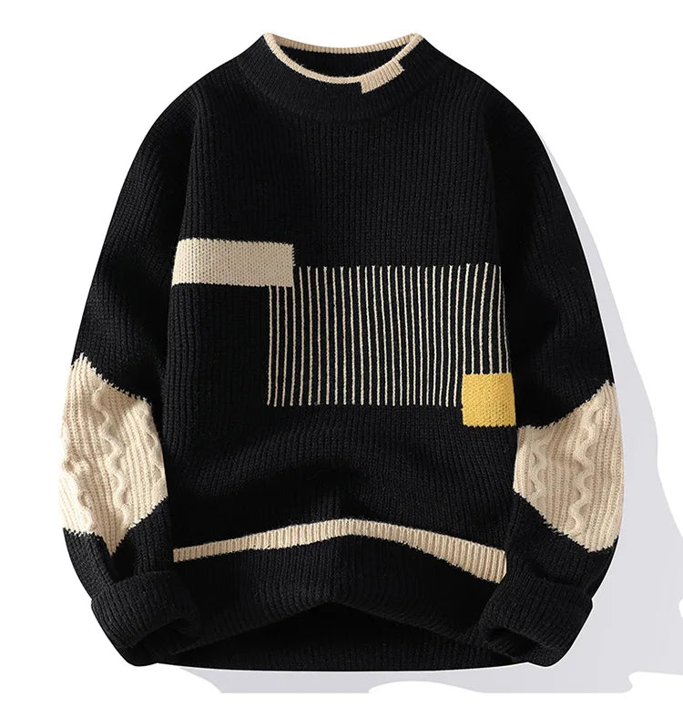 New Men's Mock Neck Knitted Sweaters Fashion Patchwork Knitting Pullovers Autumn Winter Daily Casual Warm Pullover Sweaters Male