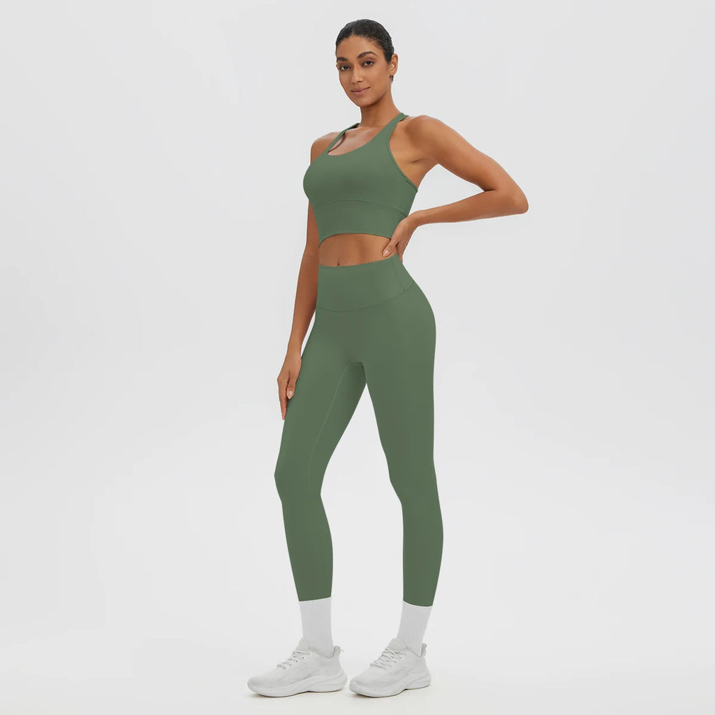 2PCS/set Gym Sports Yoga Suit for Women's Solid Color High Stretch Quick Drying Legging Yoga Pants Gather I-shaped Vest Yoga Set