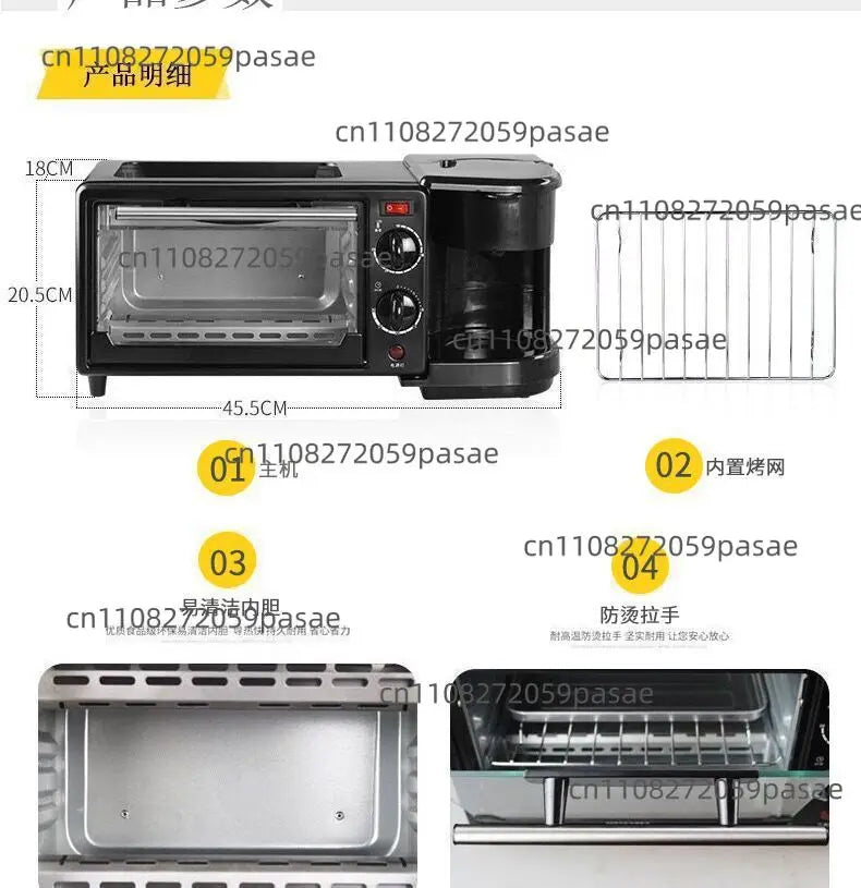 Three-in-one Breakfast Machine, Household Multi-functional Electric Oven, Coffee Machine, Grilling and Frying in One