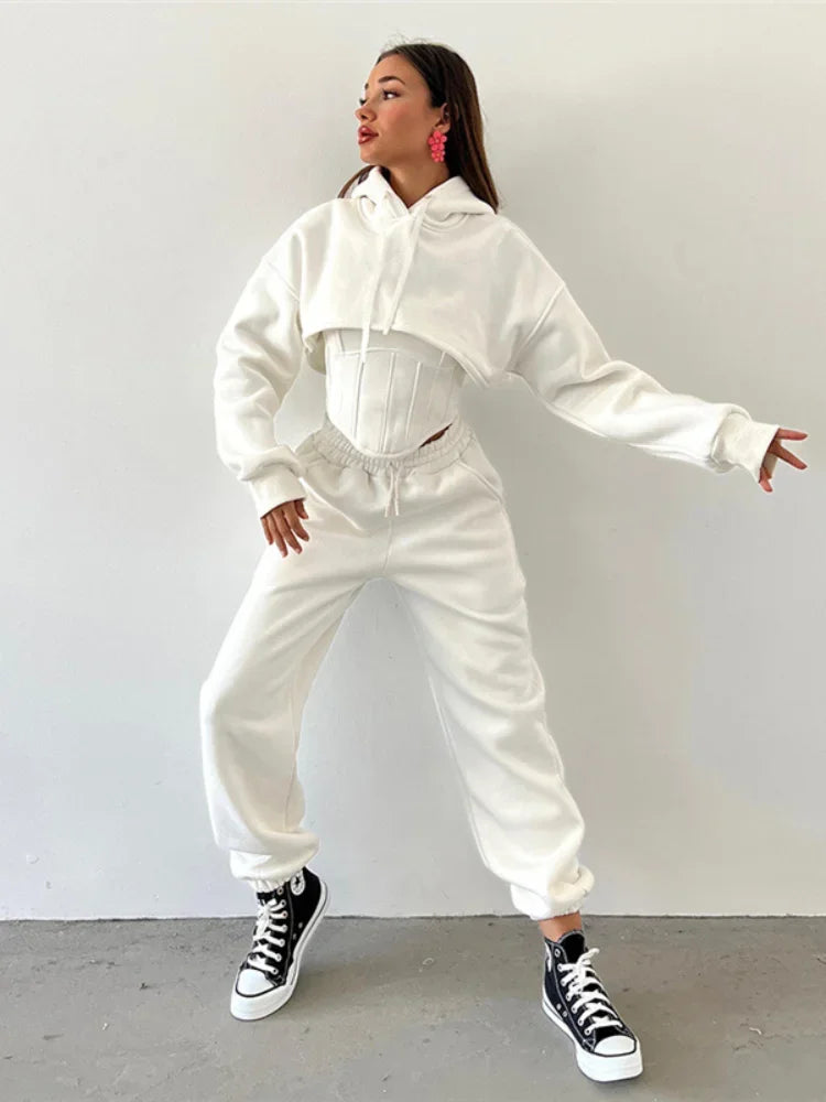 Women Hooded 3 Piece Set Corset Vest Cropped Sweatshirt Elastic Waist Pants Tracksuit Autumn Casual Lady Streetwear Matching Set