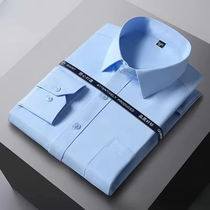 Men Formal Shirt Long Sleeve Autumn Office Solid Color Fashion Business Pocket White Social Pocket Office White Shirt S-7XL 6XL